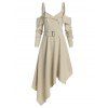 Robe Décontractée Asymétrique Ceinturée à Epaule Dénudée en Ligne A à Manches Longues - Kaki Léger XL