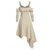 Asymmetrical Cold Shoulder A Line Dress Plain Ruffle Double Breated Long Sleeve Buckle Belted Casual Dress - LIGHT KHAKI L