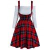 Ensemble de Mini Robe Style Corset Ligne A à Carreaux à Lacets et Haut Froncé à Epaules Dénudées - Rouge Vineux 2XL