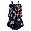 Robe Haute Basse à Imprimé Fleurie à Epaule Dénudée avec Bouton - Cadetblue 2XL