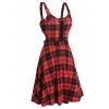 Mini Robe Découpée Vintage à Carreaux Imprimée à Lacets en Ligne A - Rouge Lave L