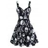 Robe à Bretelle Bouclée Crâne Imprimée à Taille Haute - Noir 3XL