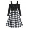 Mini Robe à Carreaux Imprimé à Taille Haute à Lacets - Noir XL