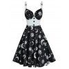 Robe Evasée Lune Etoile et Soleil Imprimés sans Manches - Noir M