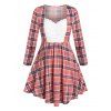 Plus Size Ruched Bust Plaid Round Hem Tee - PINK 5X