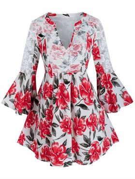Plus Size Flower Print Lace Insert Bell Sleeve Blouse