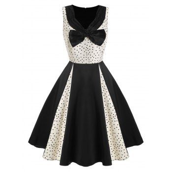 Image of Polka Dot Bowknot Sleeveless Ruched Dress