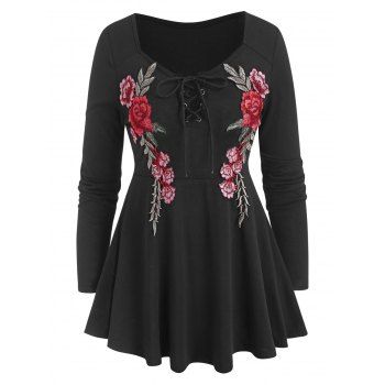 

Floral Lace Applique Stepped Hem Lace-up Top, Black