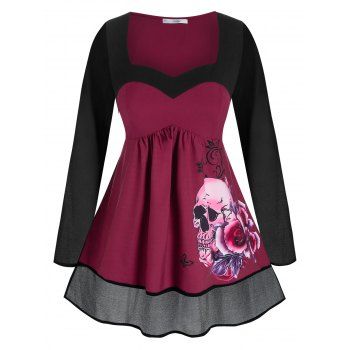 

Plus Size Halloween Skull Flower A Line Tunic Top, Deep red