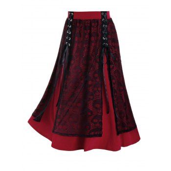 

Plus Size Skull Lace A Line Lace-up Skirt, Red wine