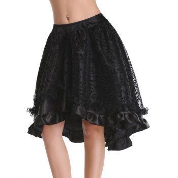 

Flocking Leaf Lace Insert Ruffle High Low Skirt, Black