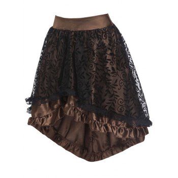 

Flocking Leaf Lace Insert Ruffle High Low Skirt, Deep coffee