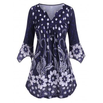 

Plus Size Flower V Notch Hanky Sleeve Tunic Top, Deep blue