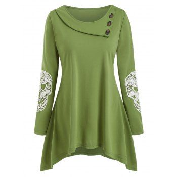 

Plus Size Halloween Skull Lace Insert Asymmetric T Shirt, Green