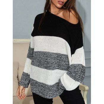 

Skew Collar Color Blocking Drop Shoulder Sweater, Gray