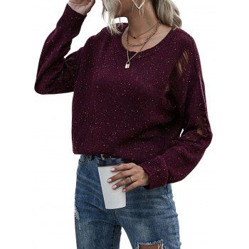 

Ripped Distressed Confetti Knit Sweater, Deep red