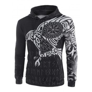 

Kangaroo Pocket Eagle Print Drawstring Hoodie, Black