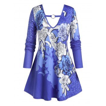 

Plus Size Flower Print Ring Long Sleeve Tunic Tee, Blueberry blue