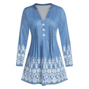 

Plus Size Bohemian Button Floral Print Pleated Top, Blue gray