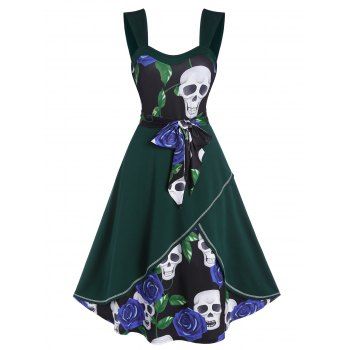 Gothic Contrast Floral Skull Print Bowknot Belted Layered Cami Dress