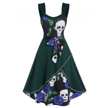 

Gothic Contrast Floral Skull Print Bowknot Belted Layered Cami Dress, Multicolor a