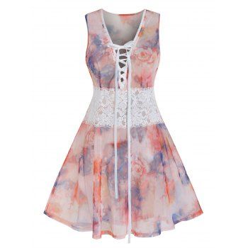 Plus Size Lace Up Floral Print Babydoll Set, Rose