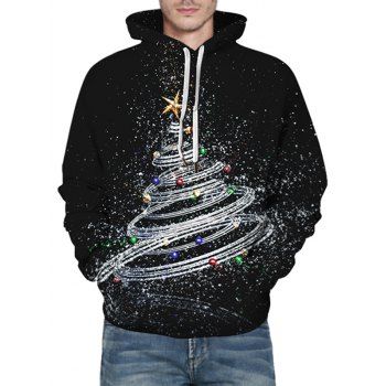 

Shiny Christmas Tree Graphic Front Pocket Casual Hoodie, Black