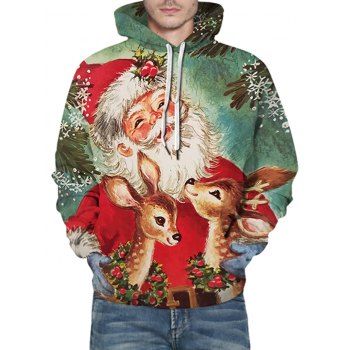 

Christmas Santa Deer Print Front Pocket Casual Hoodie, Multicolor