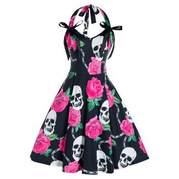 

Plus Size Halloween Skull Flower Print Halter Retro Dress, Black