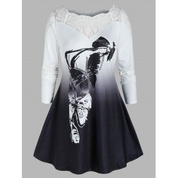 

Plus Size Ombre Butterfly Sheer Yoke Long Sleeve Tee, White