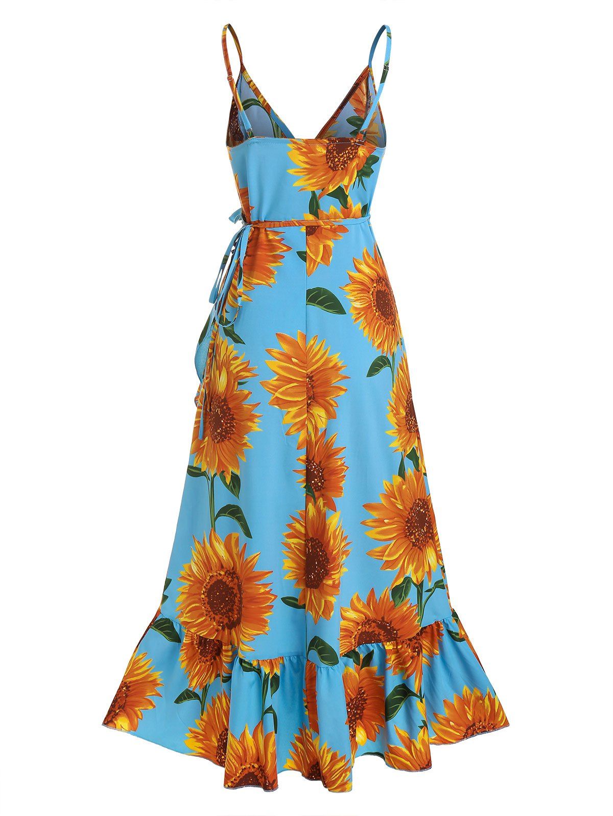 [21 OFF] 2021 Sunflower Print Spaghetti Strap Wrap Maxi Dress In DAY
