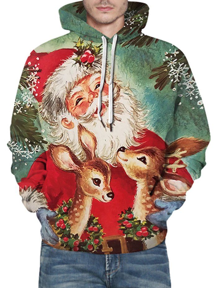 Christmas Santa Deer Print Front Pocket Casual Hoodie - multicolor M