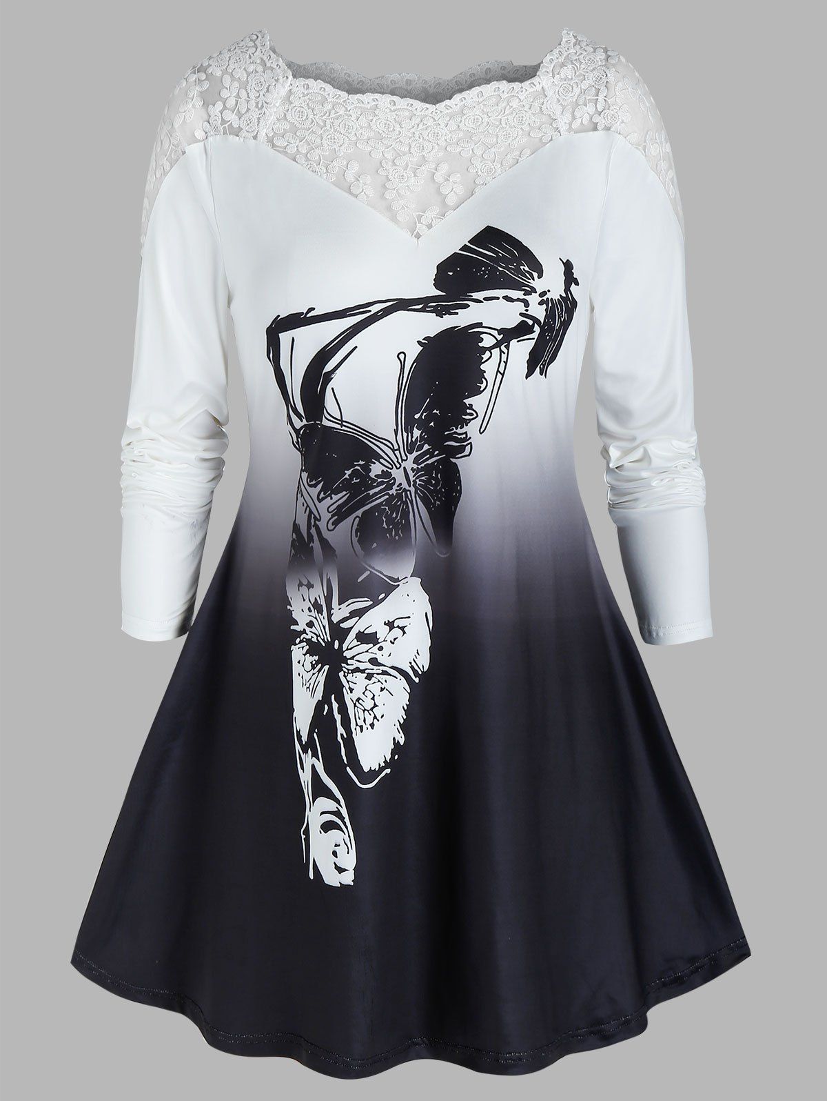 T-shirt Transparent Papillon Ombre à Manches Longues Grande Taille - Blanc 3X
