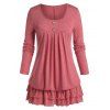 T-shirt Superposé à Manches Longues de Grande Taille à Volants - Rouge Cerise 2X