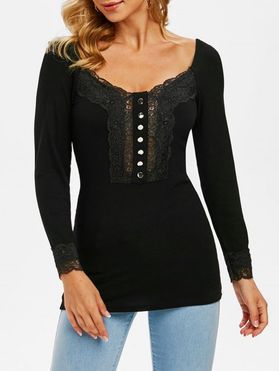 Lace Insert Mock Button Ribbed Knitwear
