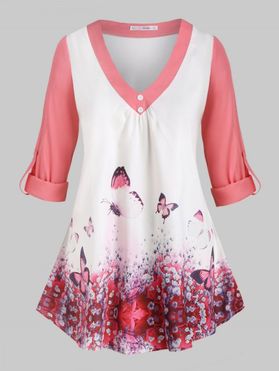 Plus Size Roll Up Sleeve Butterfly Print Top