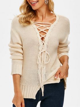 Drop Shoulder Lace-up Slit Cable Knit Sweater