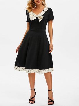 Bowknot Polka Dot V Neck Vintage Dress