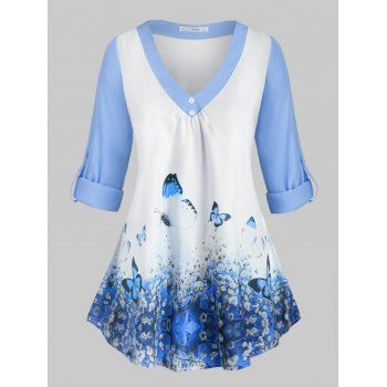 

Plus Size Roll Up Sleeve Butterfly Print Top, Light blue