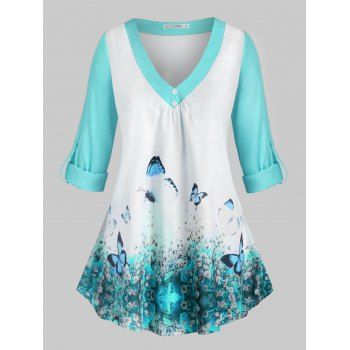 

Plus Size Roll Up Sleeve Butterfly Print Top, Light green