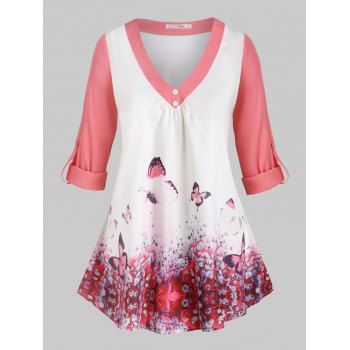 

Plus Size Roll Up Sleeve Butterfly Print Top, Red