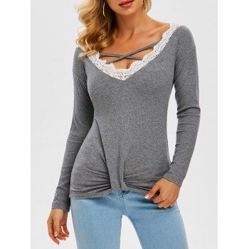 

Guipure Insert Criss Cross Twisted Ribbed Knitwear, Light gray