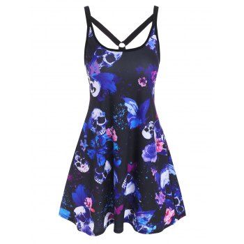 

Skull Butterfly Print O Ring Strappy Tank Dress, Lavender blue