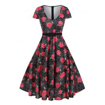 

Halloween Spider Web Rose Print Belted Dress, Red