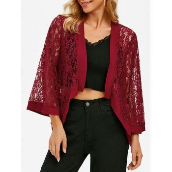 

Flower Lace Open Front See Thru Cardigan, Deep red