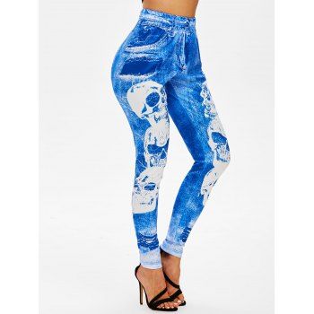 

Skull 3D Print Skinny Tapered Leggings, Light blue