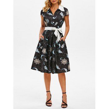 

Sun Moon Star Mock Button Cap Sleeve Belted Dress, Black