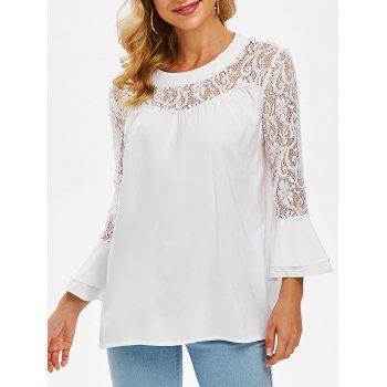 

Layered Flare Sleeve Lace Panel Blouse, White