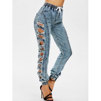Image of Bowknot Ripped Drawstring Elastic Hem Jeans