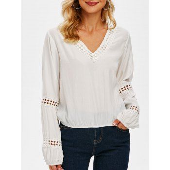 V Neck Elastic Hem Crochet Trim Blouse, White